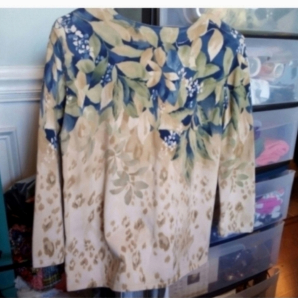 Alfred Dunner Women's PXL Floral Leaf Print Blouse Blue Green Cream Tan EUC